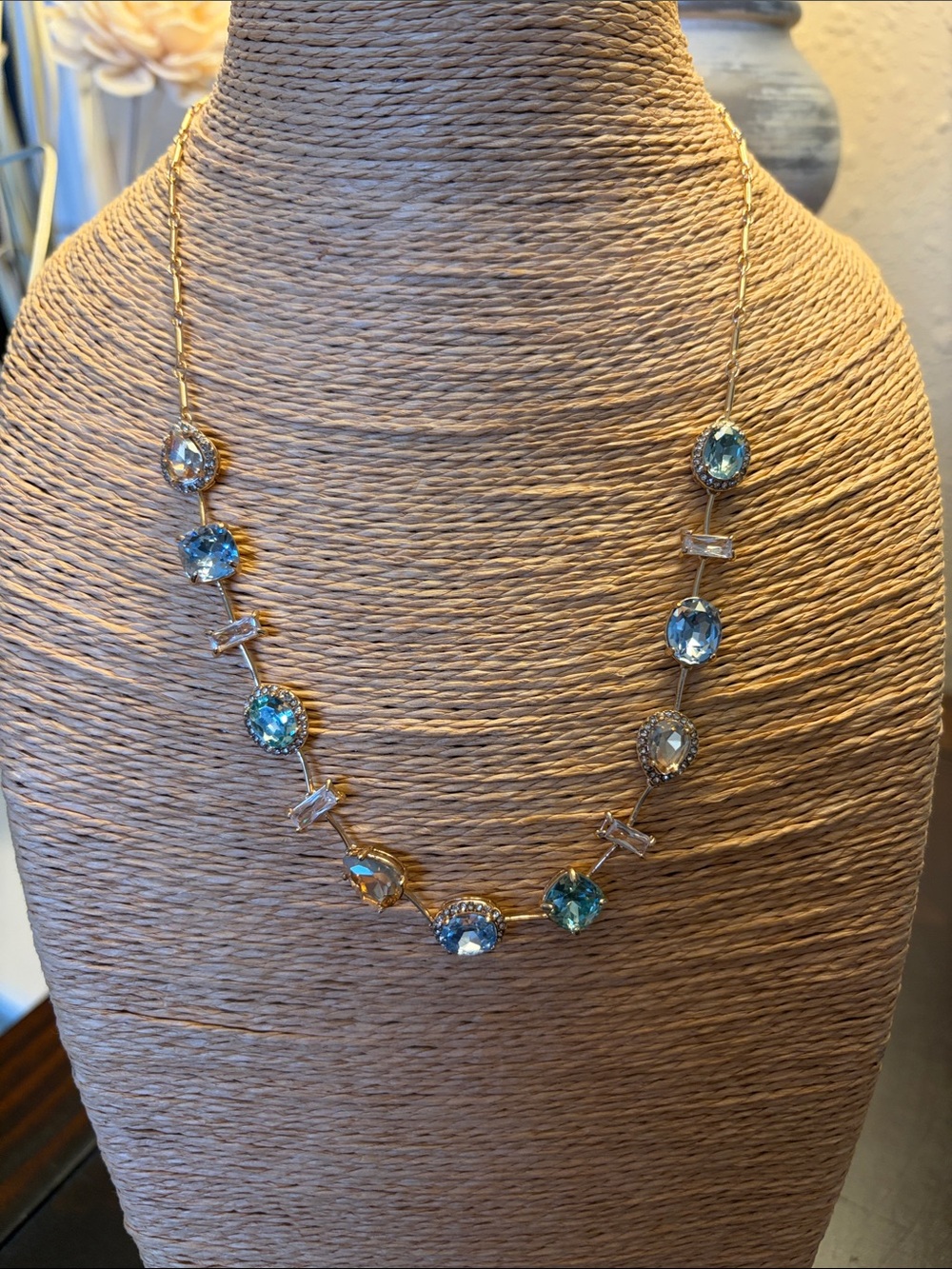 cezanne Gold Necklace with Blue and Aquamarine Crystals